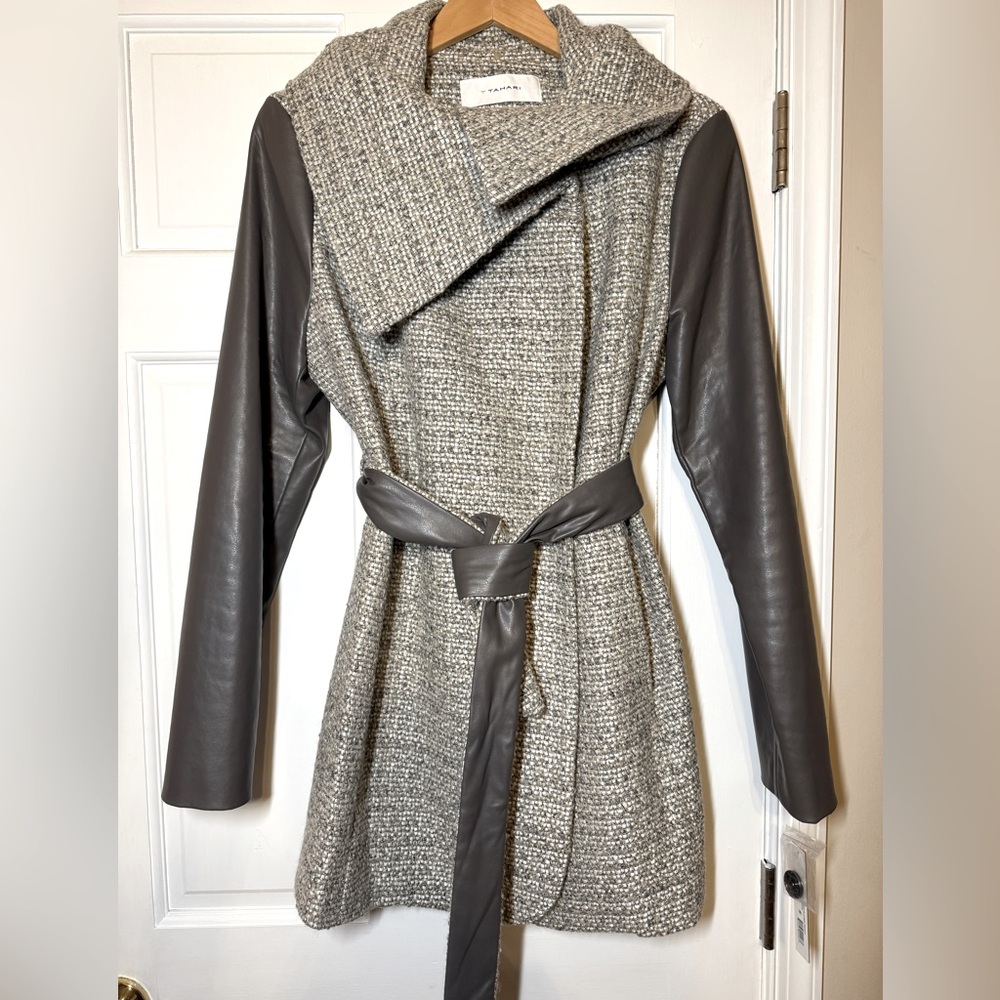 Tahari Jacket Coat Women's Belted Tweed Gray with leather long sleeve. Brand New